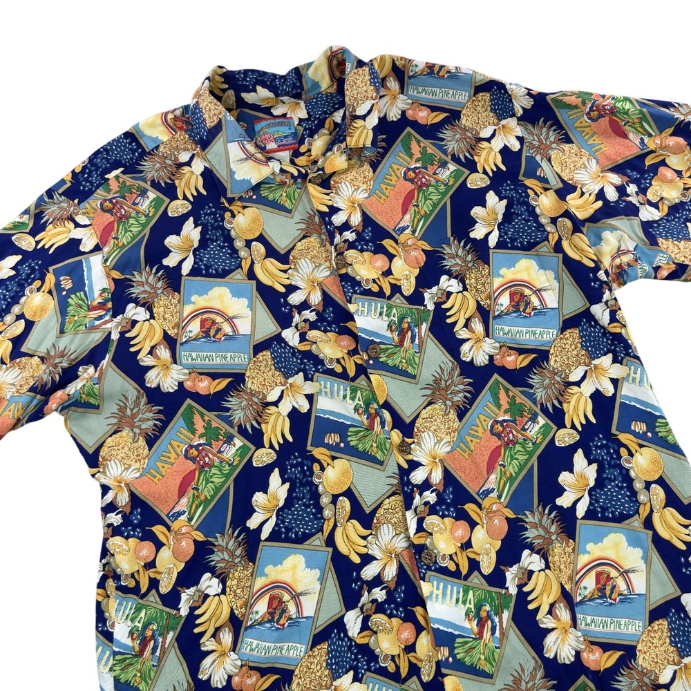 Joe Kealoha's Mens Hawaiian Shirt Navy Blue Postcard‎ Hula Pineapple Print XL
